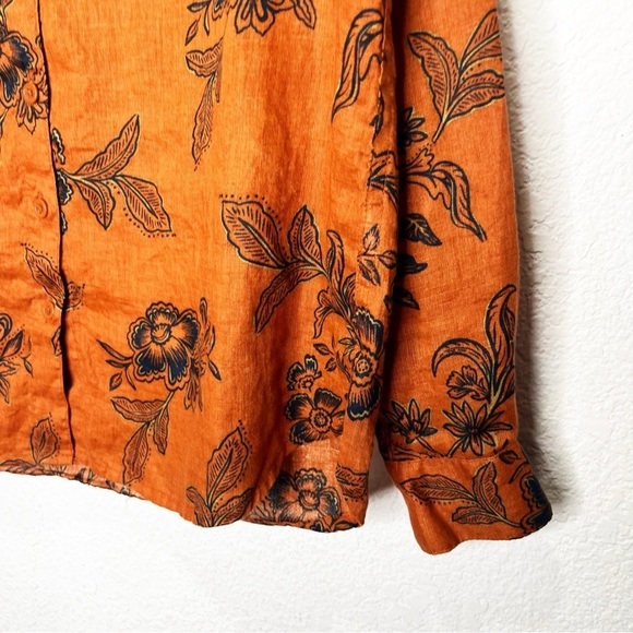 Garnet Hill Easy Linen Button-Down Shirt Pumpkin Floral Top Fall Autumn - Picture 4 of 9